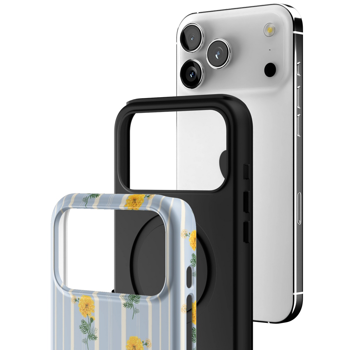 Exploded view of the October Birth Month iPhone 17 Pro Max case: printed shell, black inner layer with MagSafe ring, and phone