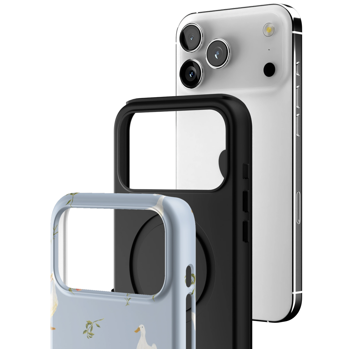 Exploded view of the Ducks iPhone 17 Pro Max case: printed shell, black inner layer with MagSafe ring, and phone