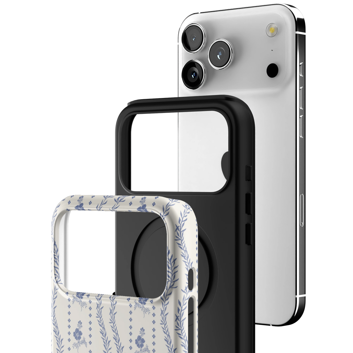Exploded view of the Riviera iPhone 17 Pro Max case: printed shell, black inner layer with MagSafe ring, and phone