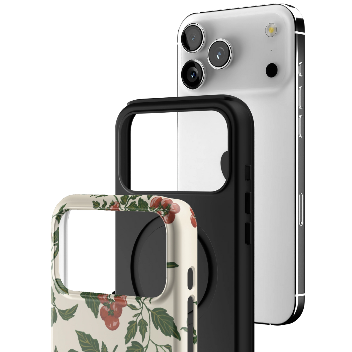 Exploded view of the Tomato Vines iPhone 17 Pro Max case: printed shell, black inner layer with MagSafe ring, and phone