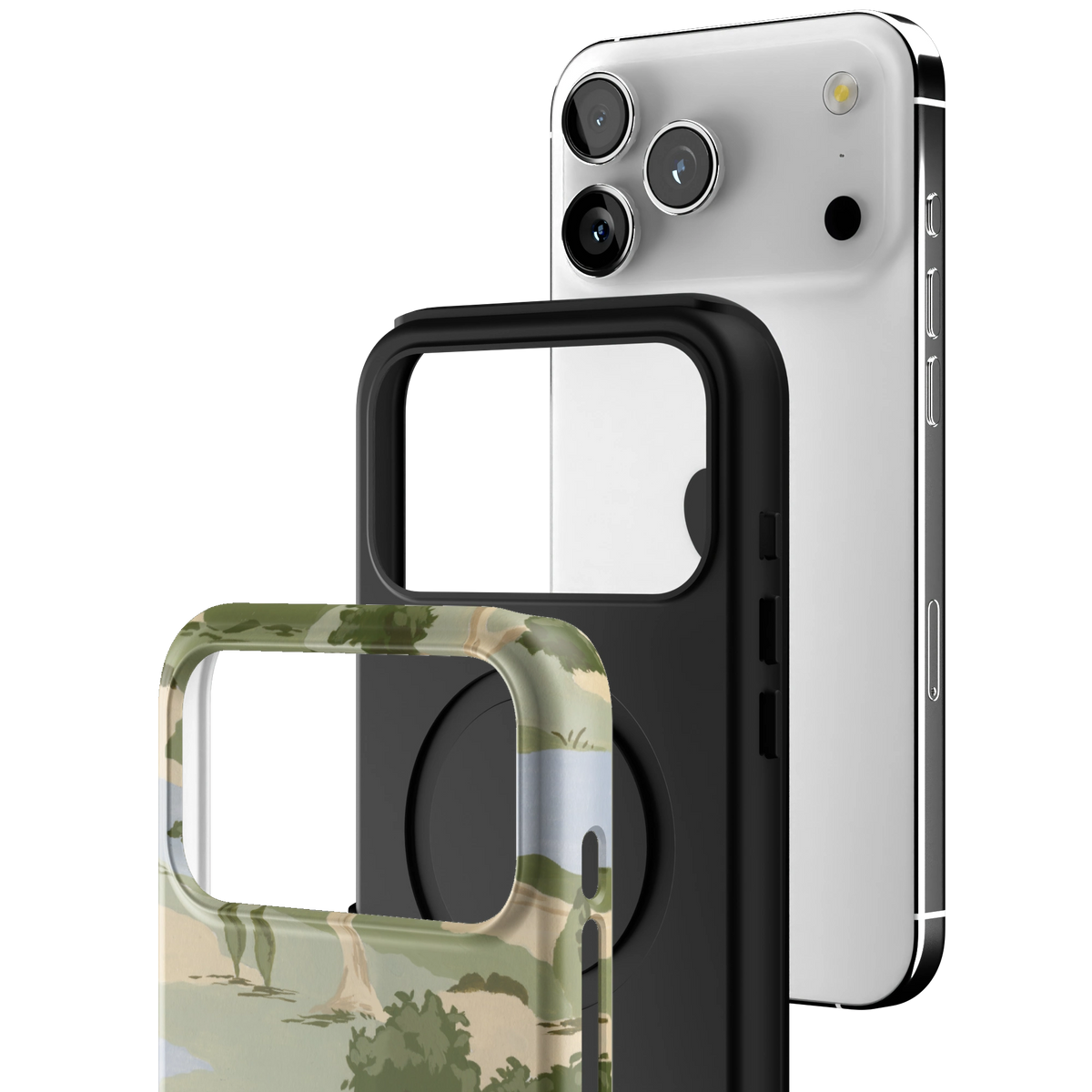 Exploded view of the Orchard iPhone 17 Pro Max case: printed shell, black inner layer with MagSafe ring, and phone