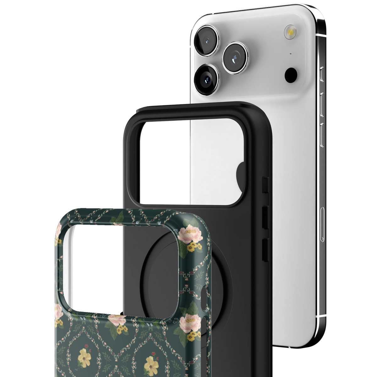 Exploded view of the Meadow iPhone 17 Pro Max case: printed shell, black inner layer with MagSafe ring, and phone