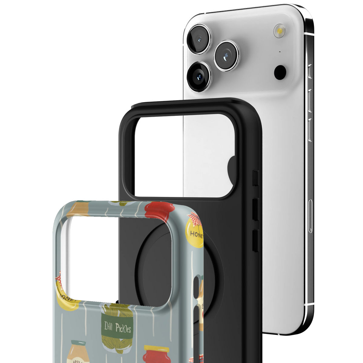 Exploded view of the Preserves Personalized iPhone 17 Pro Max case: printed shell, black inner layer with MagSafe ring, and phone