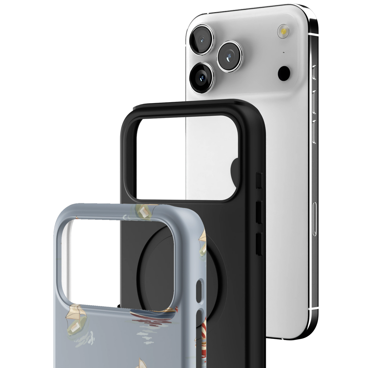 Exploded view of the Harbor iPhone 17 Pro Max case: printed shell, black inner layer with MagSafe ring, and phone