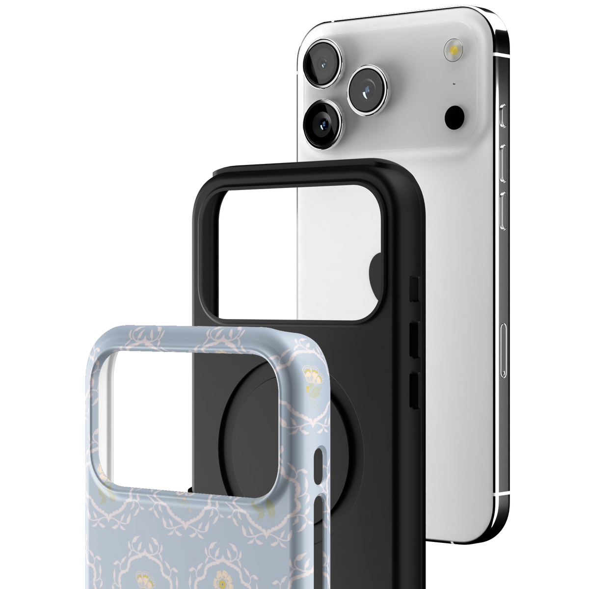 Exploded view of the Merrigold iPhone 17 Pro Max case: printed shell, black inner layer with MagSafe ring, and phone