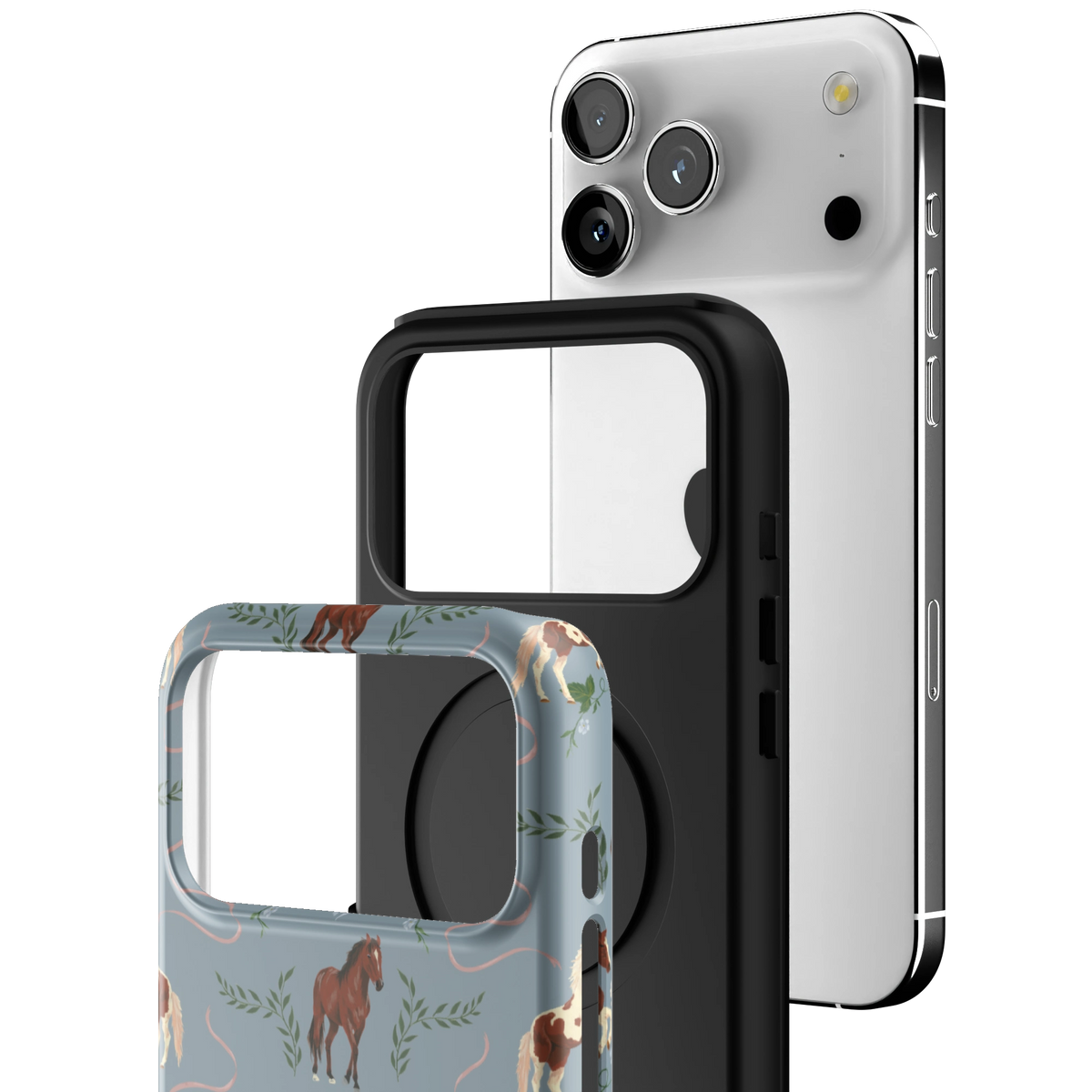 Exploded view of the Prairie Personalized iPhone 17 Pro Max case: printed shell, black inner layer with MagSafe ring, and phone