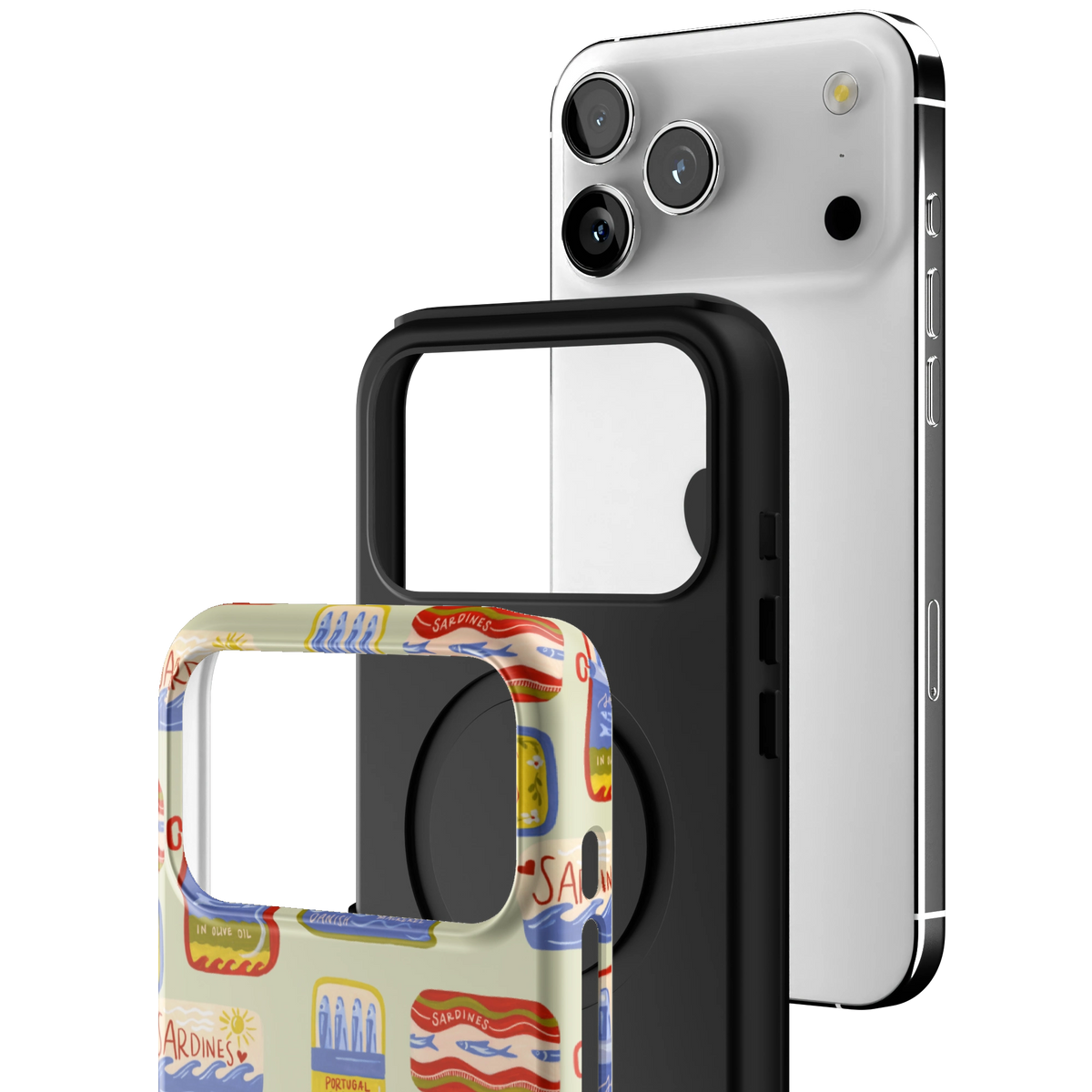 Exploded view of the Sardines iPhone 17 Pro Max case: printed shell, black inner layer with MagSafe ring, and phone