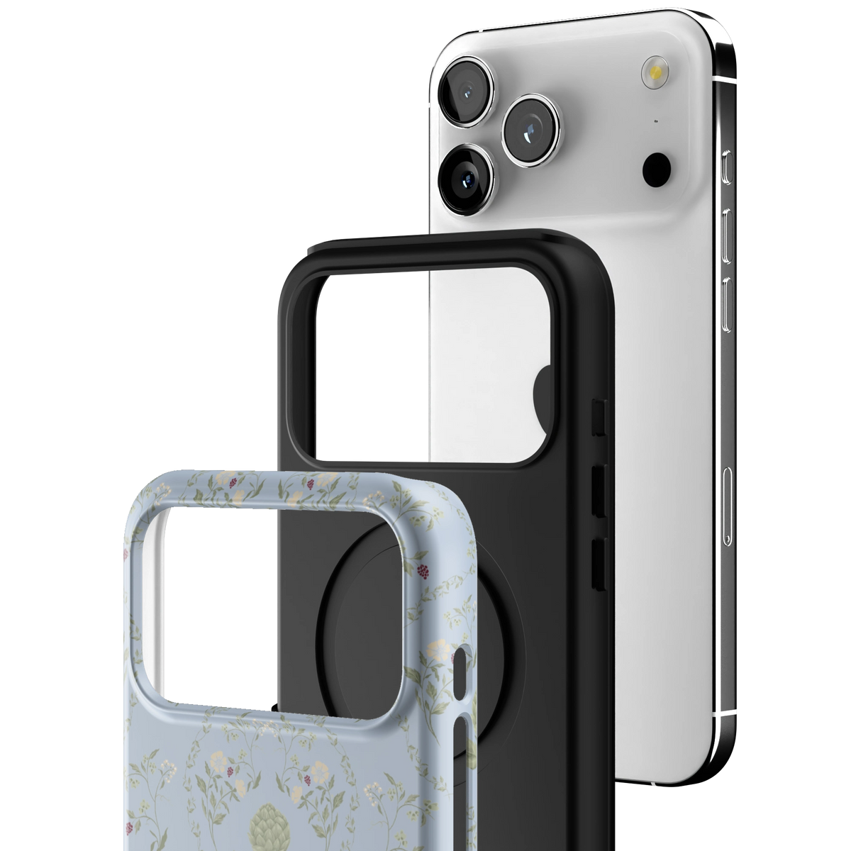 Exploded view of the Artichoke iPhone 17 Pro Max case: printed shell, black inner layer with MagSafe ring, and phone