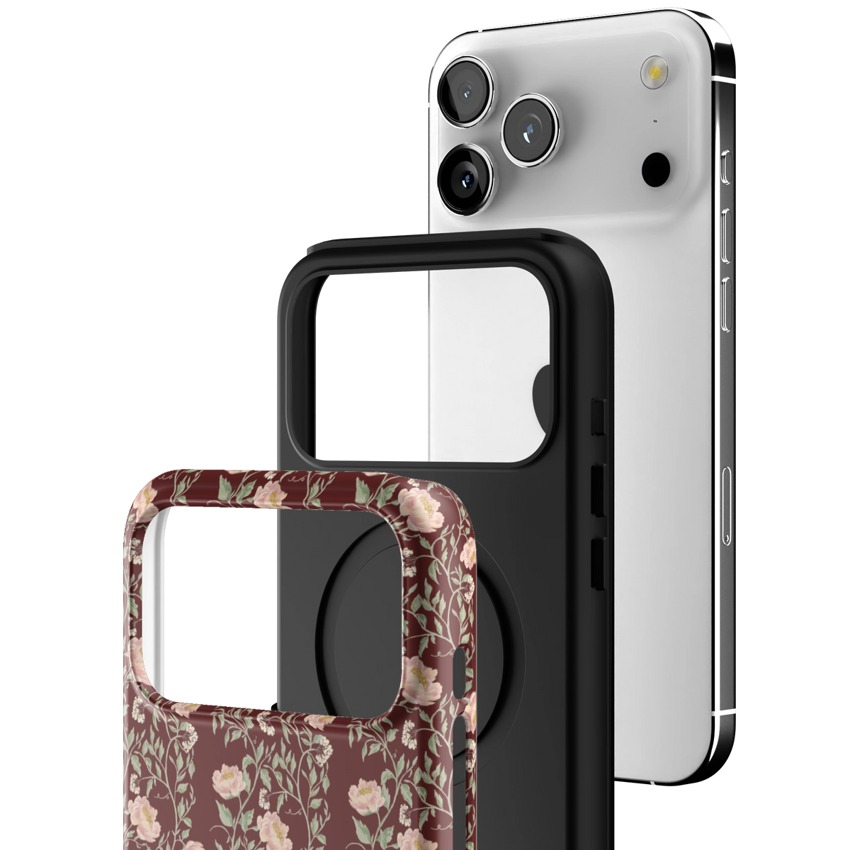 Exploded view of the Thicket iPhone 17 Pro Max case: printed shell, black inner layer with MagSafe ring, and phone