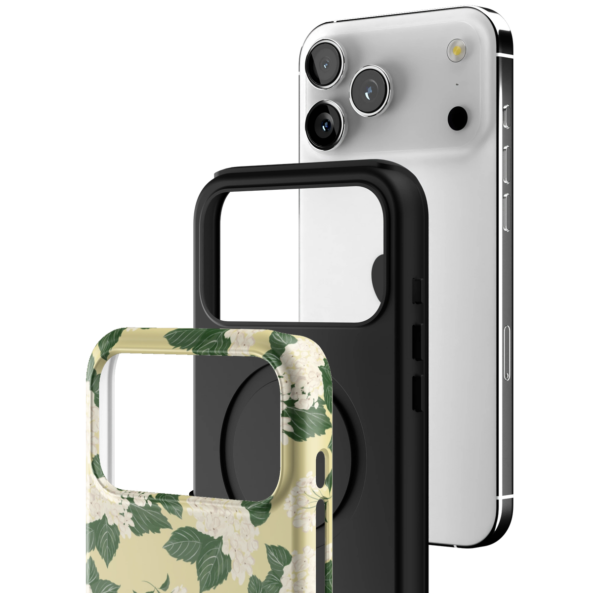 Exploded view of the Hydrangea iPhone 17 Pro Max case: printed shell, black inner layer with MagSafe ring, and phone