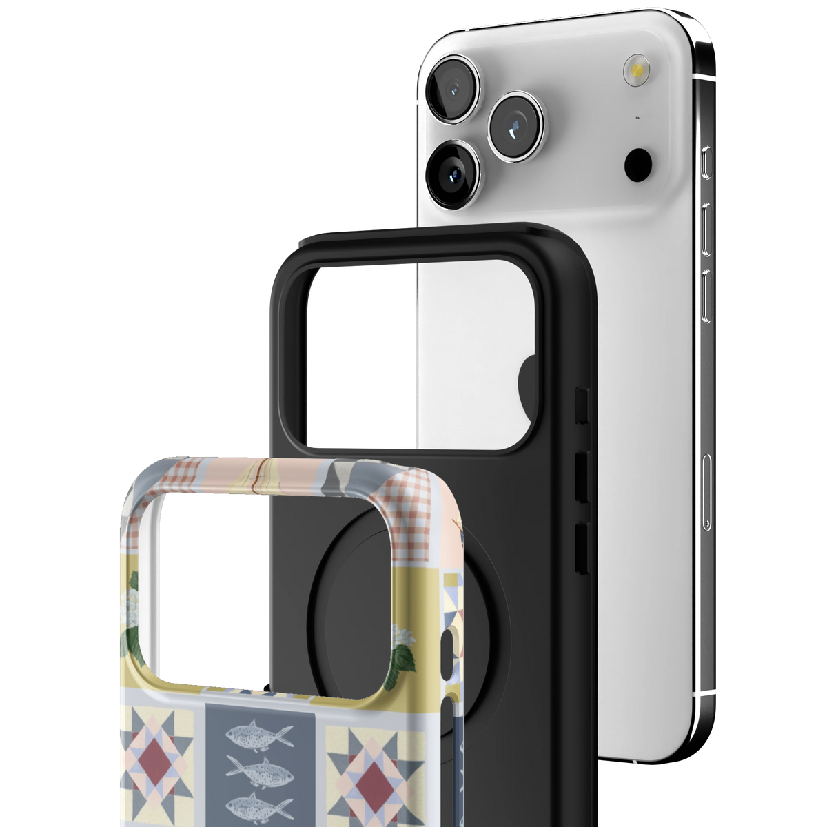 Exploded view of the Coastal Quilt iPhone 17 Pro Max case: printed shell, black inner layer with MagSafe ring, and phone