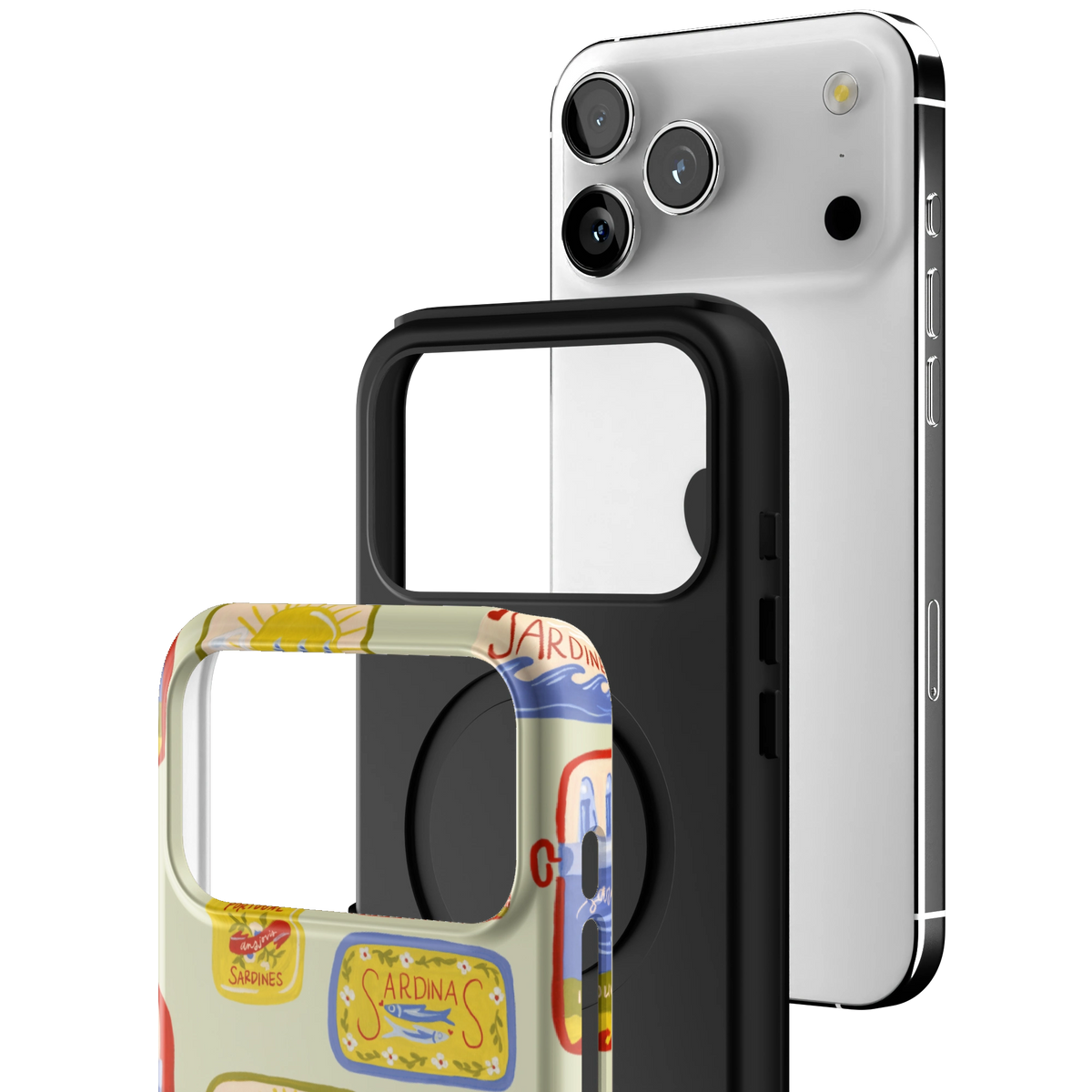 Exploded view of the Sardines Personalized iPhone 17 Pro Max case: printed shell, black inner layer with MagSafe ring, and phone
