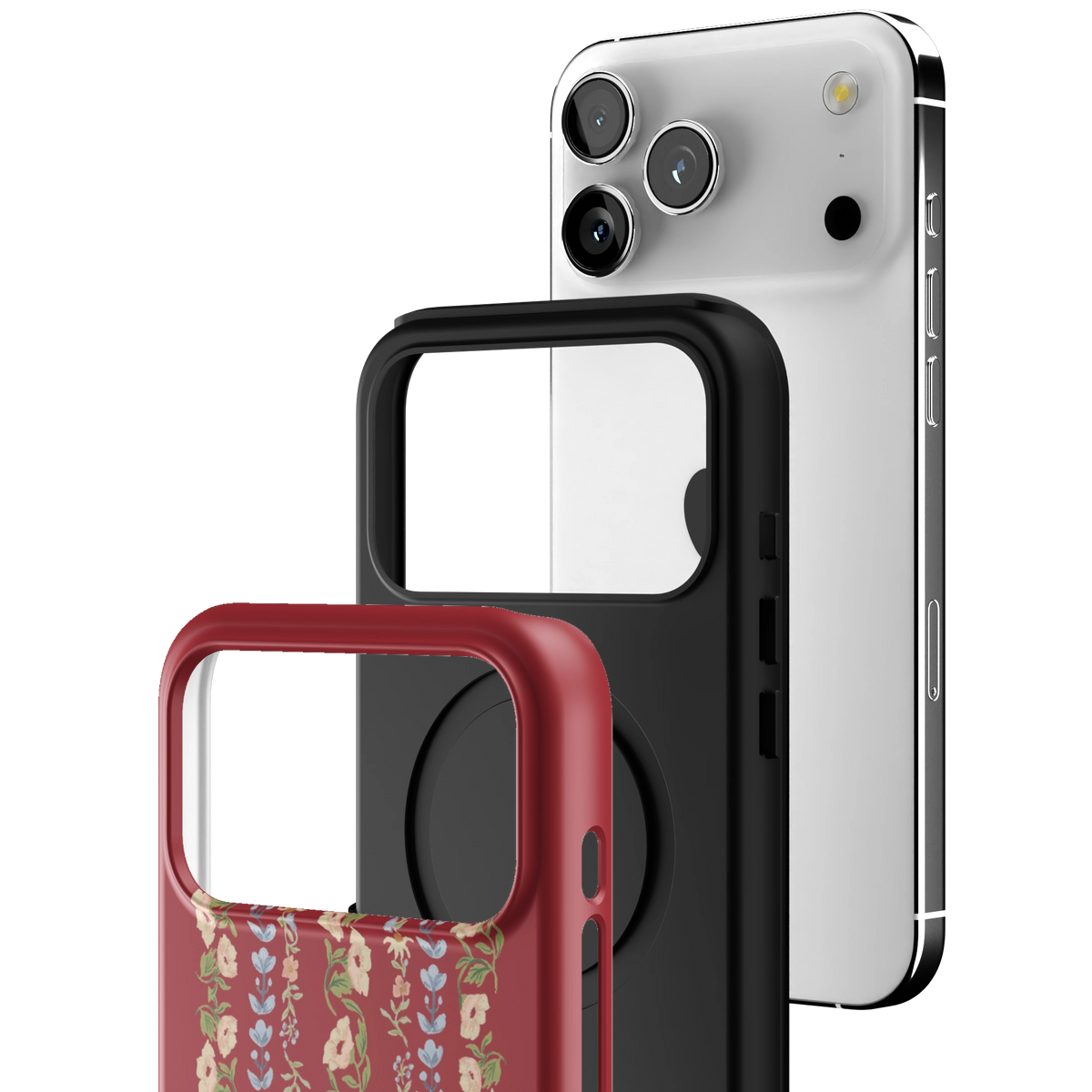 Exploded view of the Fiona iPhone 17 Pro Max case: printed shell, black inner layer with MagSafe ring, and phone