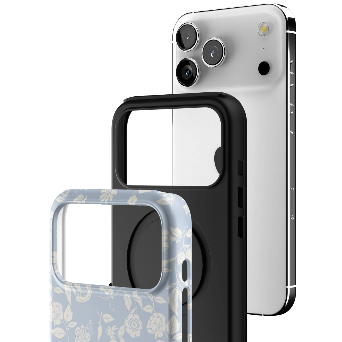 Exploded view of the Spritz iPhone 17 Pro Max case: printed shell, black inner layer with MagSafe ring, and phone