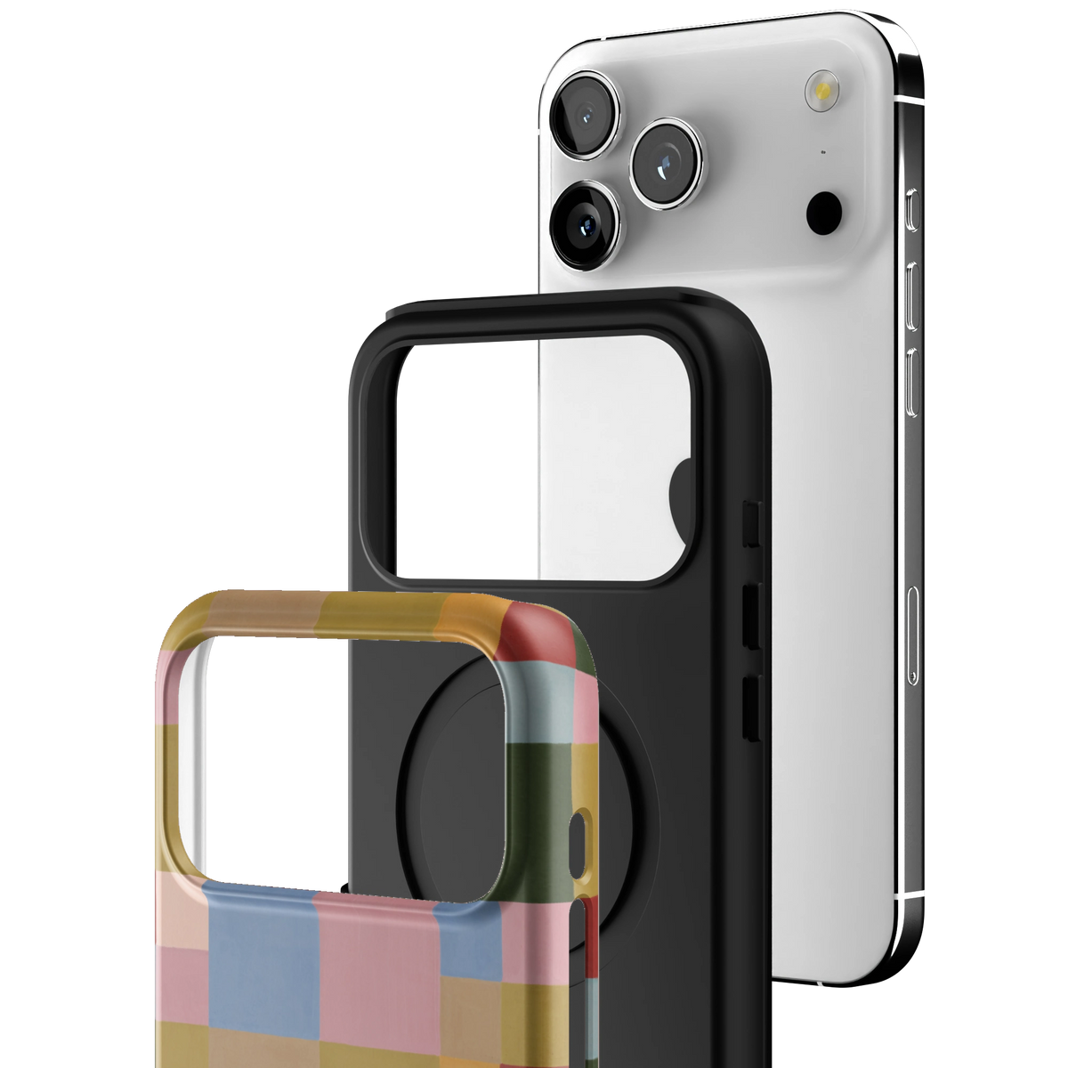 Exploded view of the Colorblock iPhone 17 Pro Max case: printed shell, black inner layer with MagSafe ring, and phone