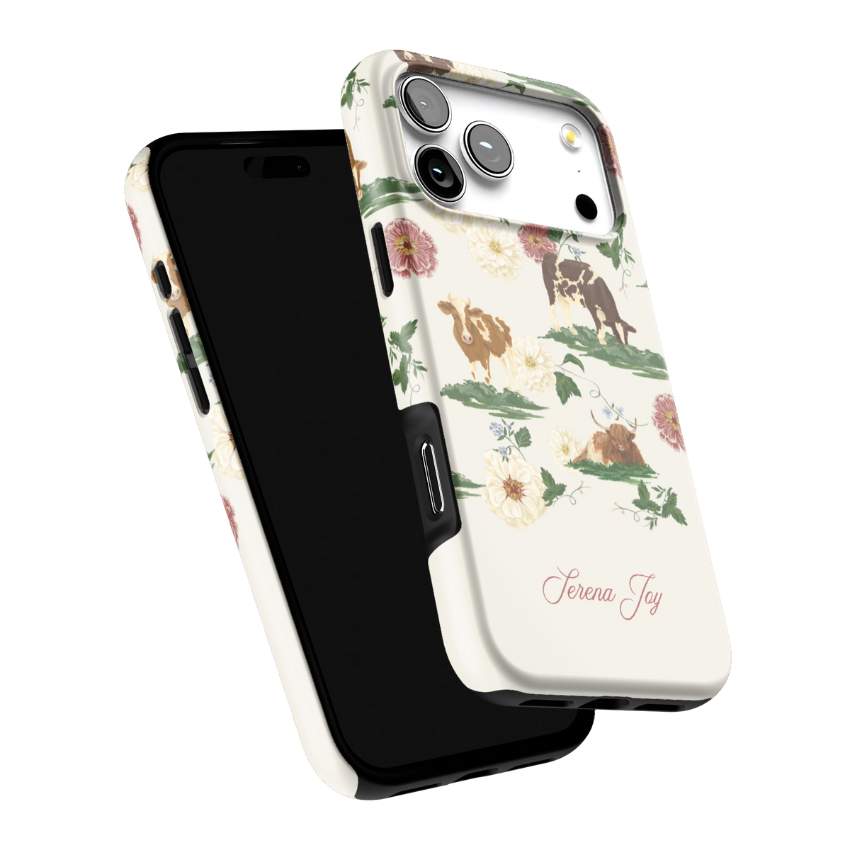 Pasture Personalized iPhone 17 Pro Max case tilted to show the raised edges around the screen and camera
