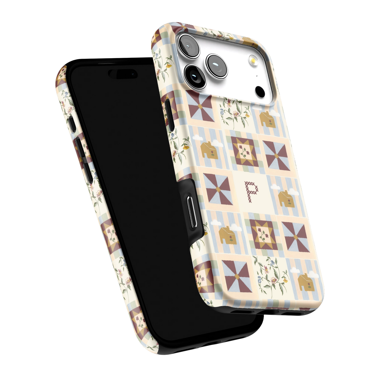 Pinwheel Personalized iPhone 17 Pro Max case tilted to show the raised edges around the screen and camera