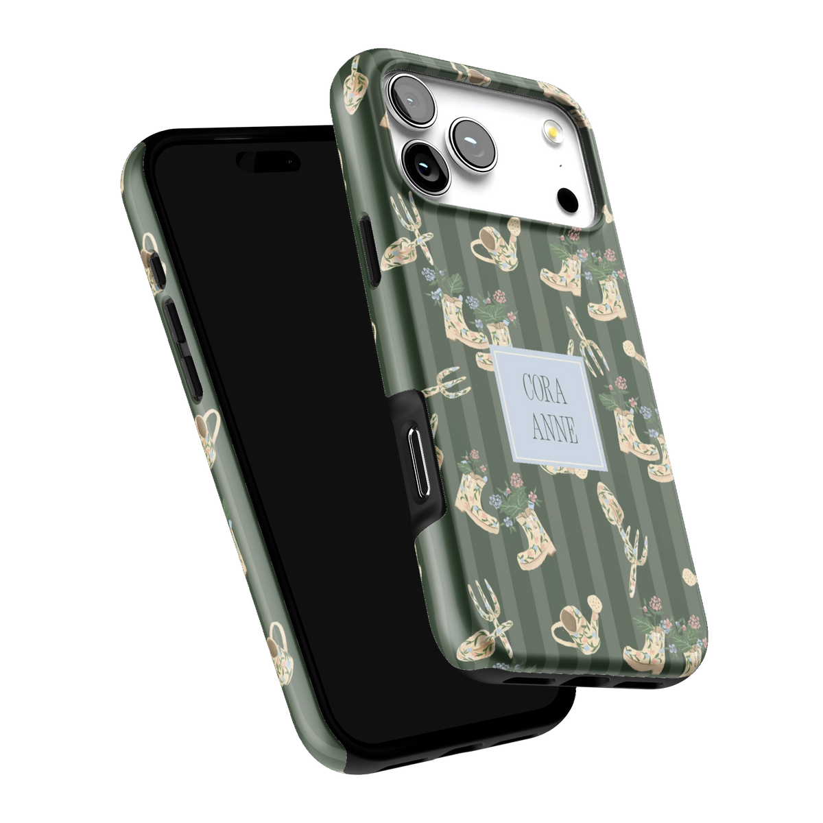 In the Garden Personalized iPhone 17 Pro Max case tilted to show the raised edges around the screen and camera