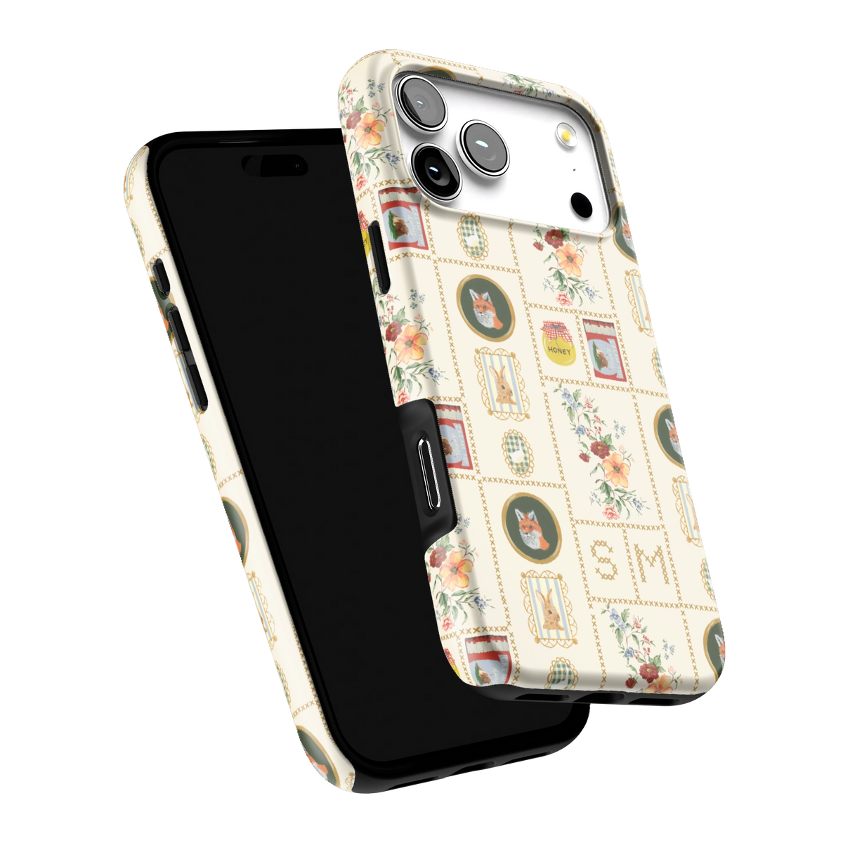Sampler Personalized iPhone 17 Pro Max case tilted to show the raised edges around the screen and camera