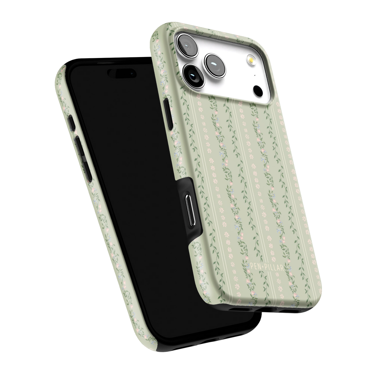 Camellia iPhone 17 Pro Max case tilted to show the raised edges around the screen and camera