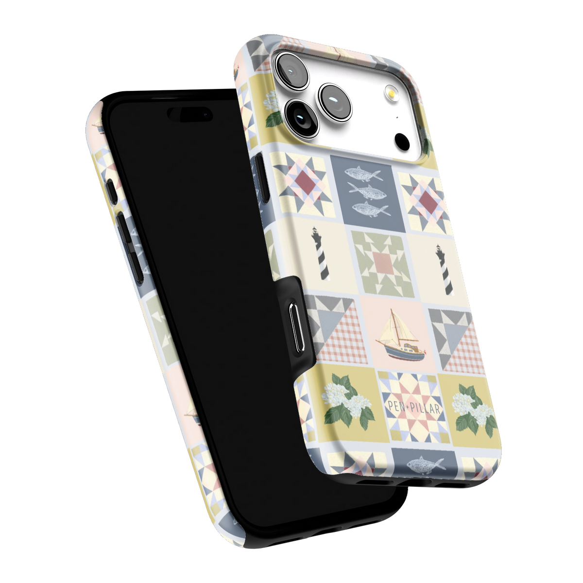 Coastal Quilt iPhone 17 Pro Max case tilted to show the raised edges around the screen and camera