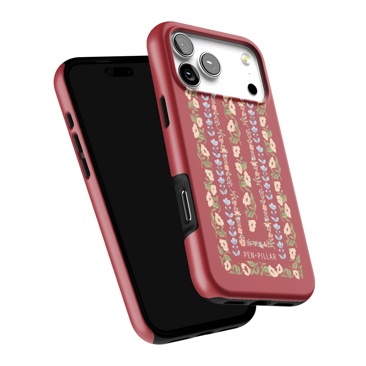 Fiona iPhone 17 Pro Max case tilted to show the raised edges around the screen and camera