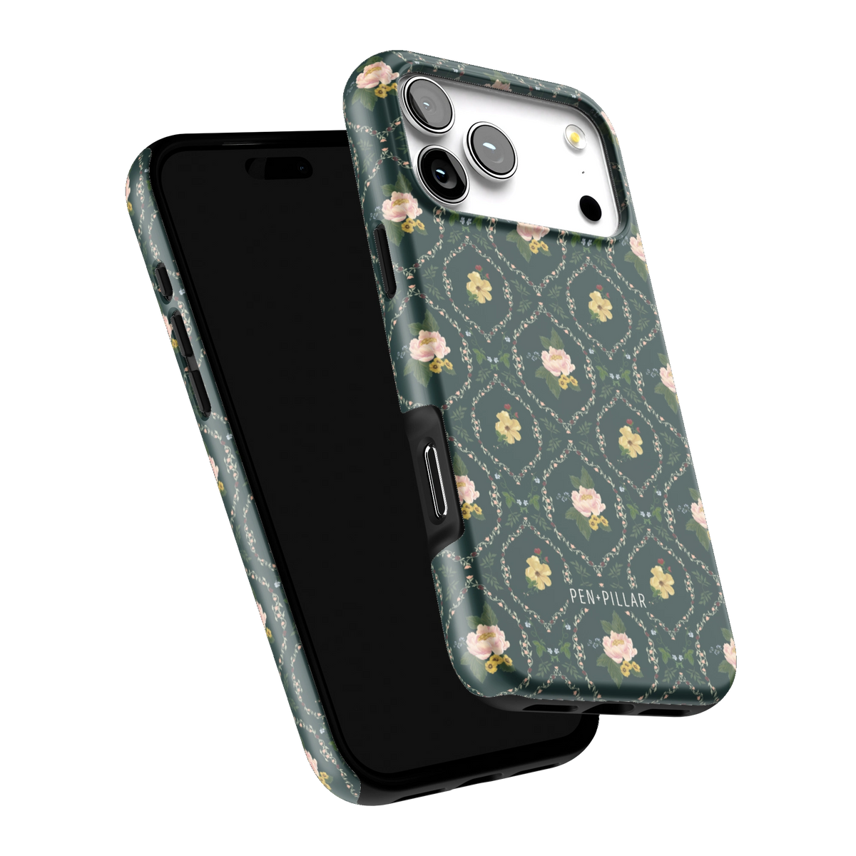 Meadow iPhone 17 Pro Max case tilted to show the raised edges around the screen and camera