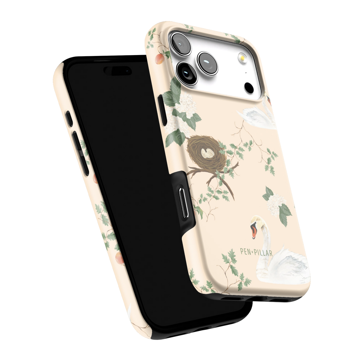 Swan Hollow iPhone 17 Pro Max case tilted to show the raised edges around the screen and camera
