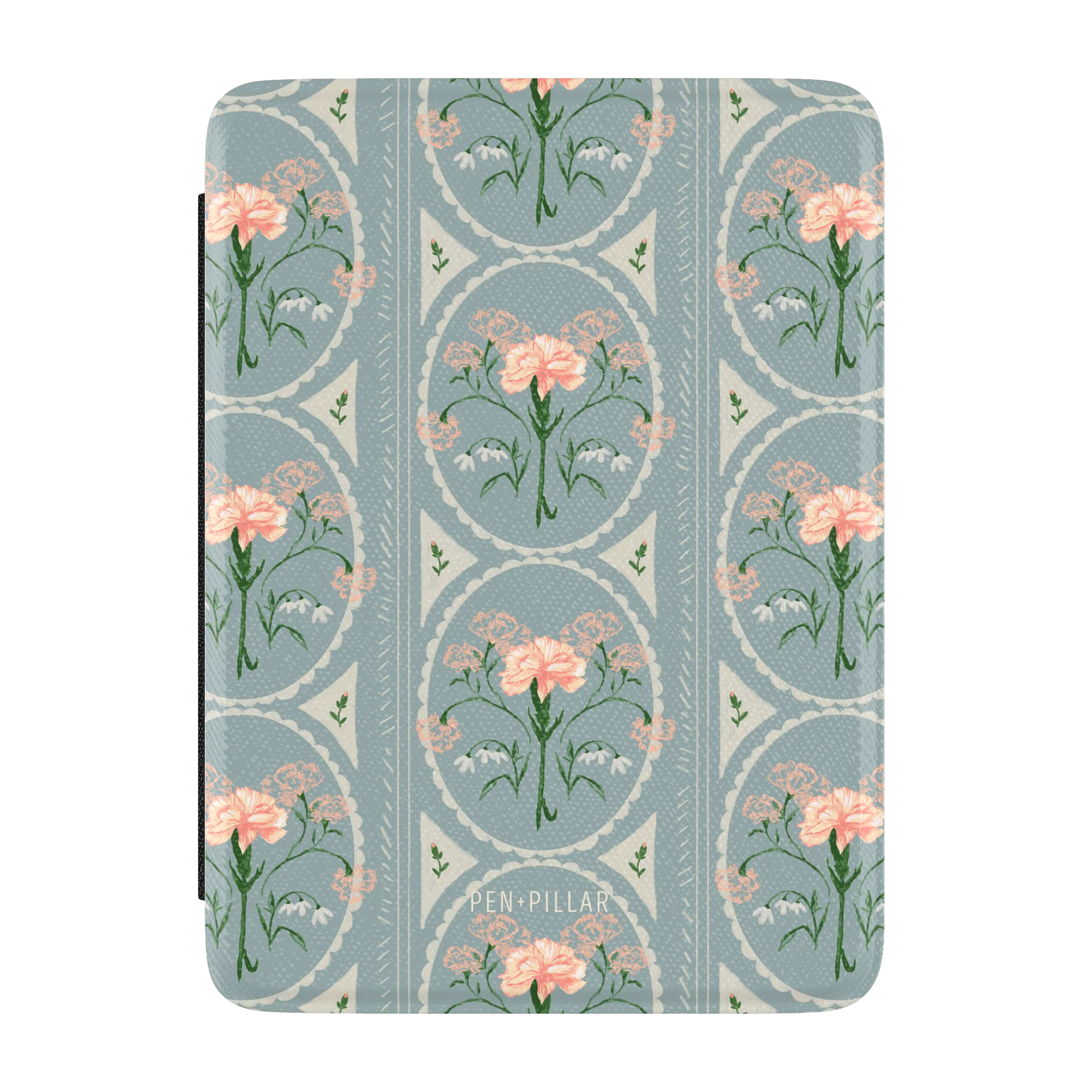 Blue floral Kindle case with pink carnations in oval frames and Pen + Pillar printed at the bottom.