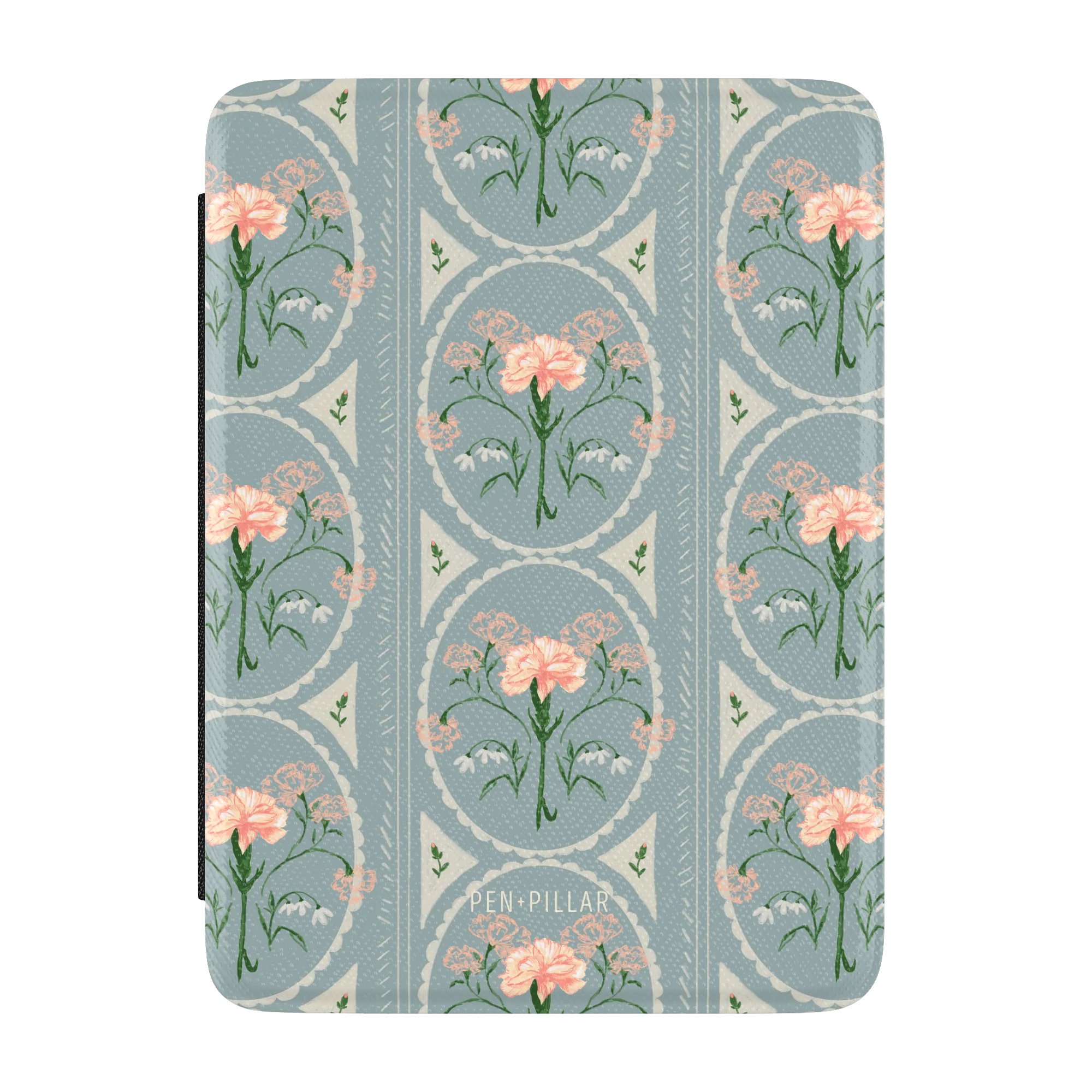 Blue floral Kindle case with pink carnations in oval frames and Pen + Pillar printed at the bottom.