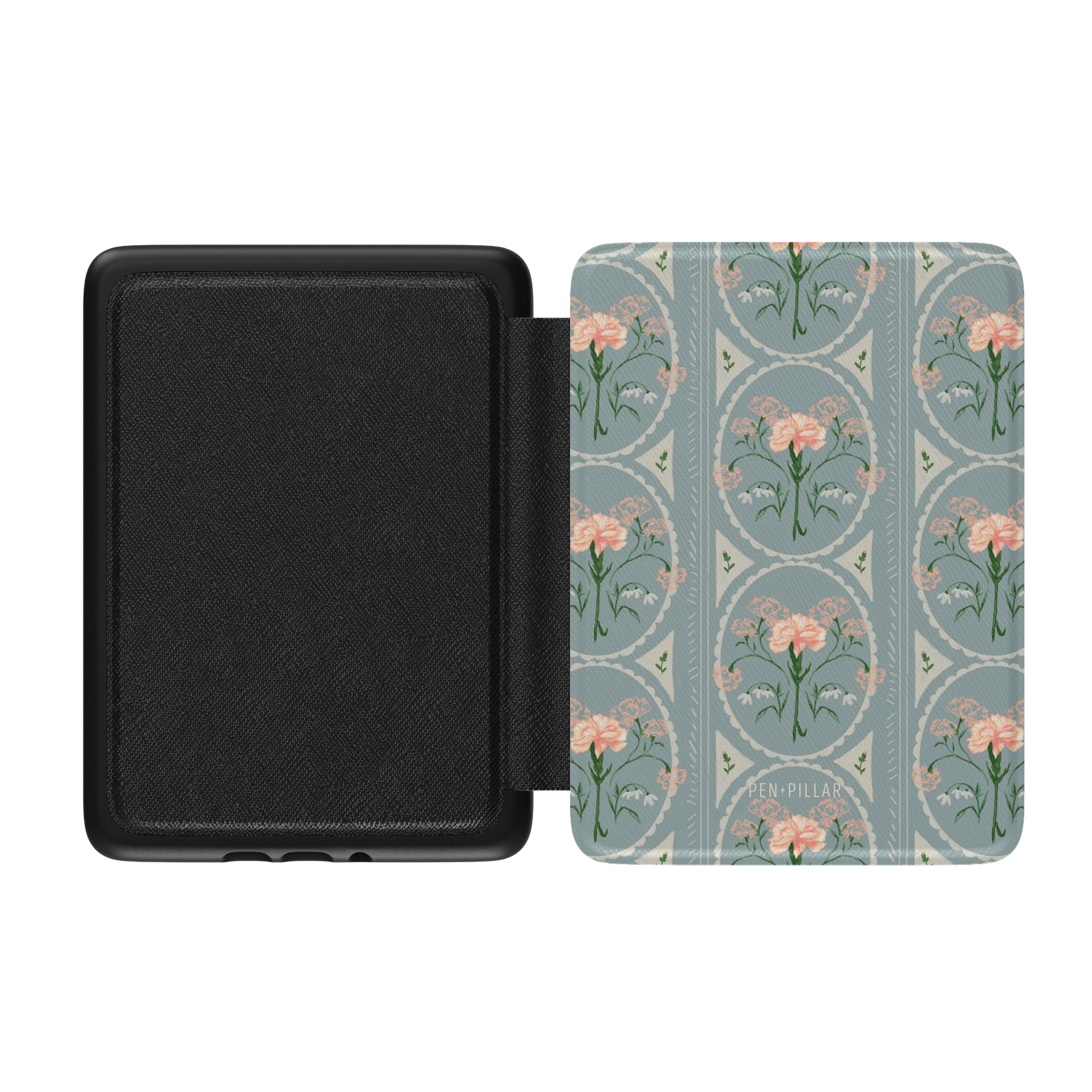 Open Kindle case with a black textured interior and a blue floral exterior featuring pink carnations and PEN + PILLAR text.