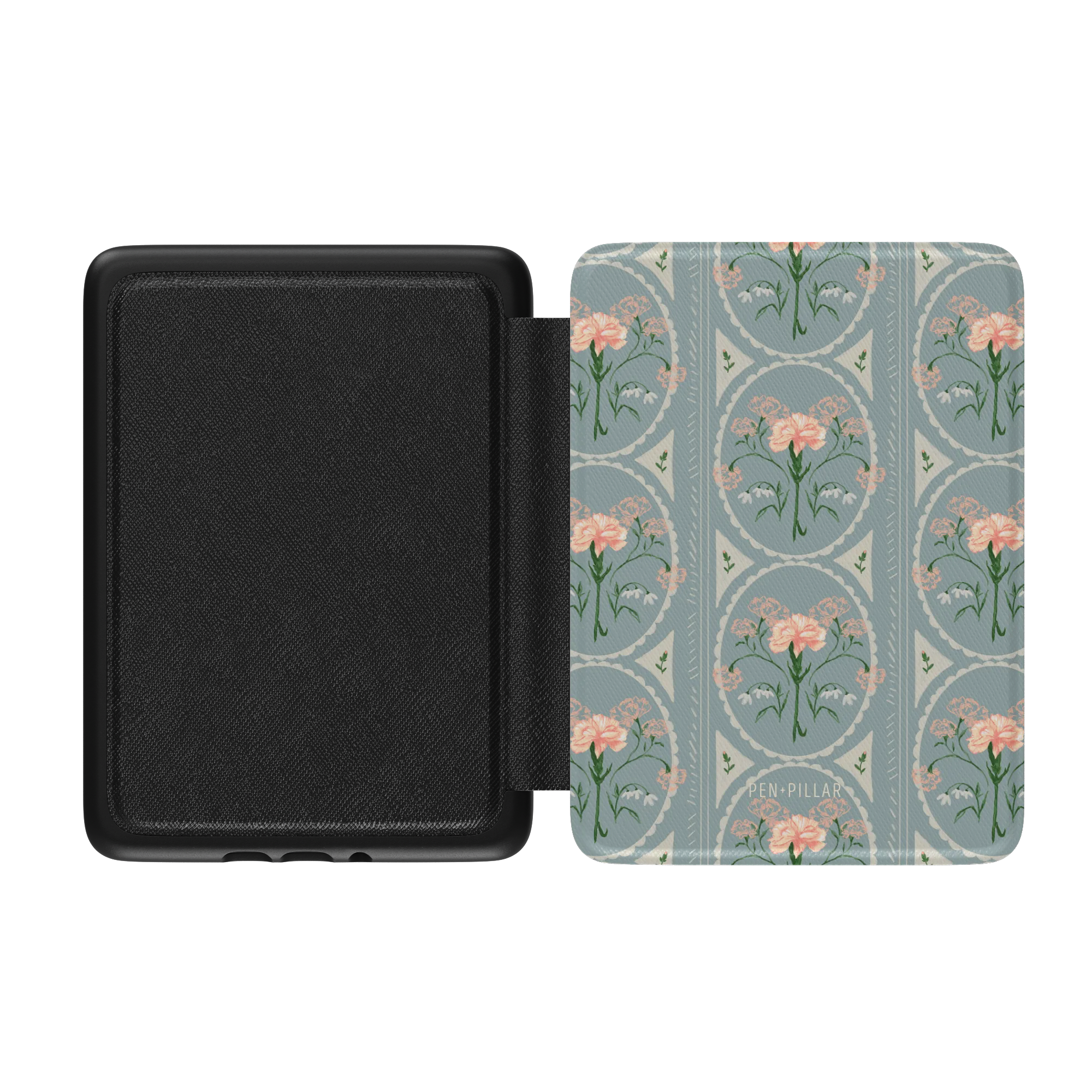 Open Kindle case with a black textured interior and a blue floral exterior featuring pink carnations and PEN + PILLAR text.