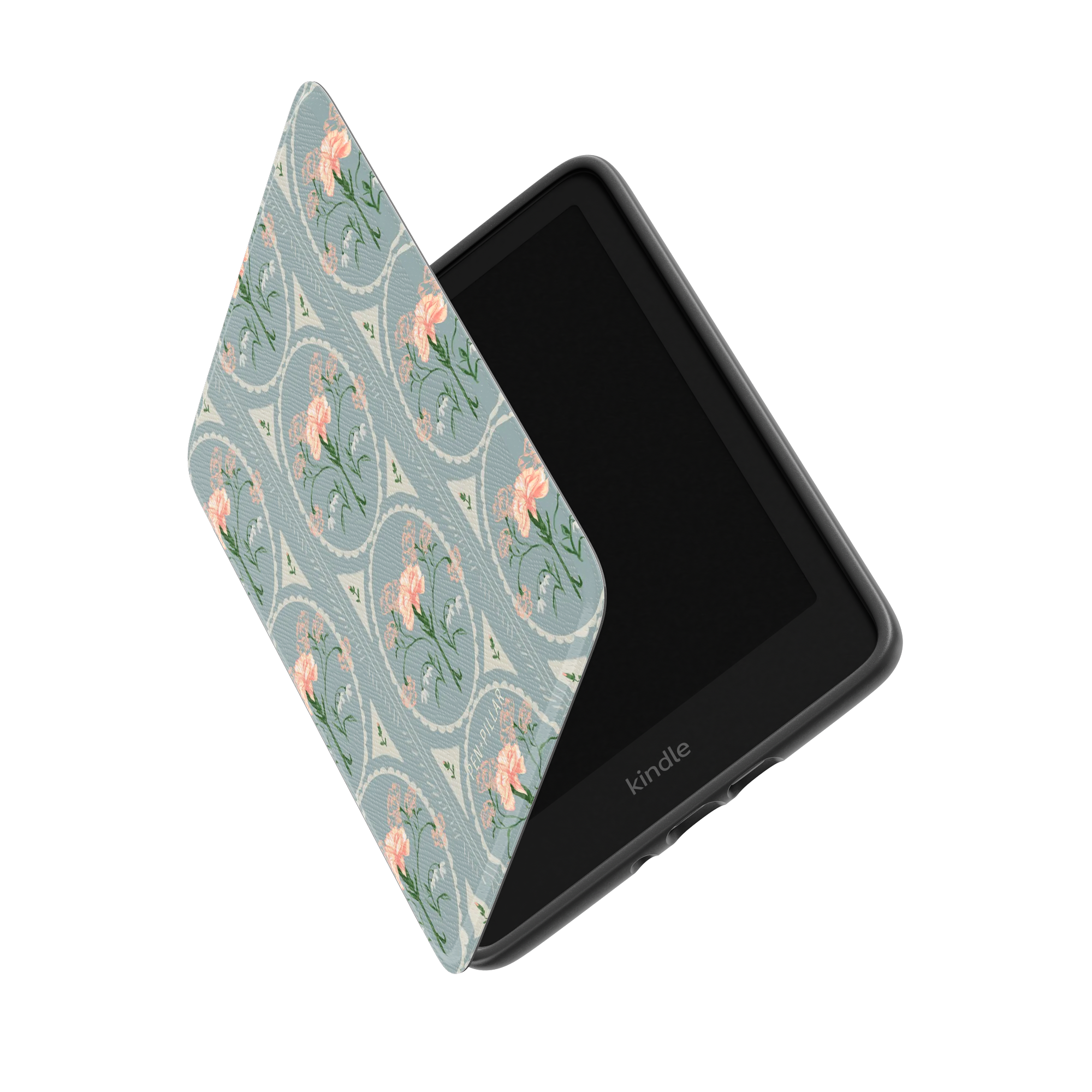 Black Kindle in a light blue case featuring a pink floral carnation pattern in white circles.