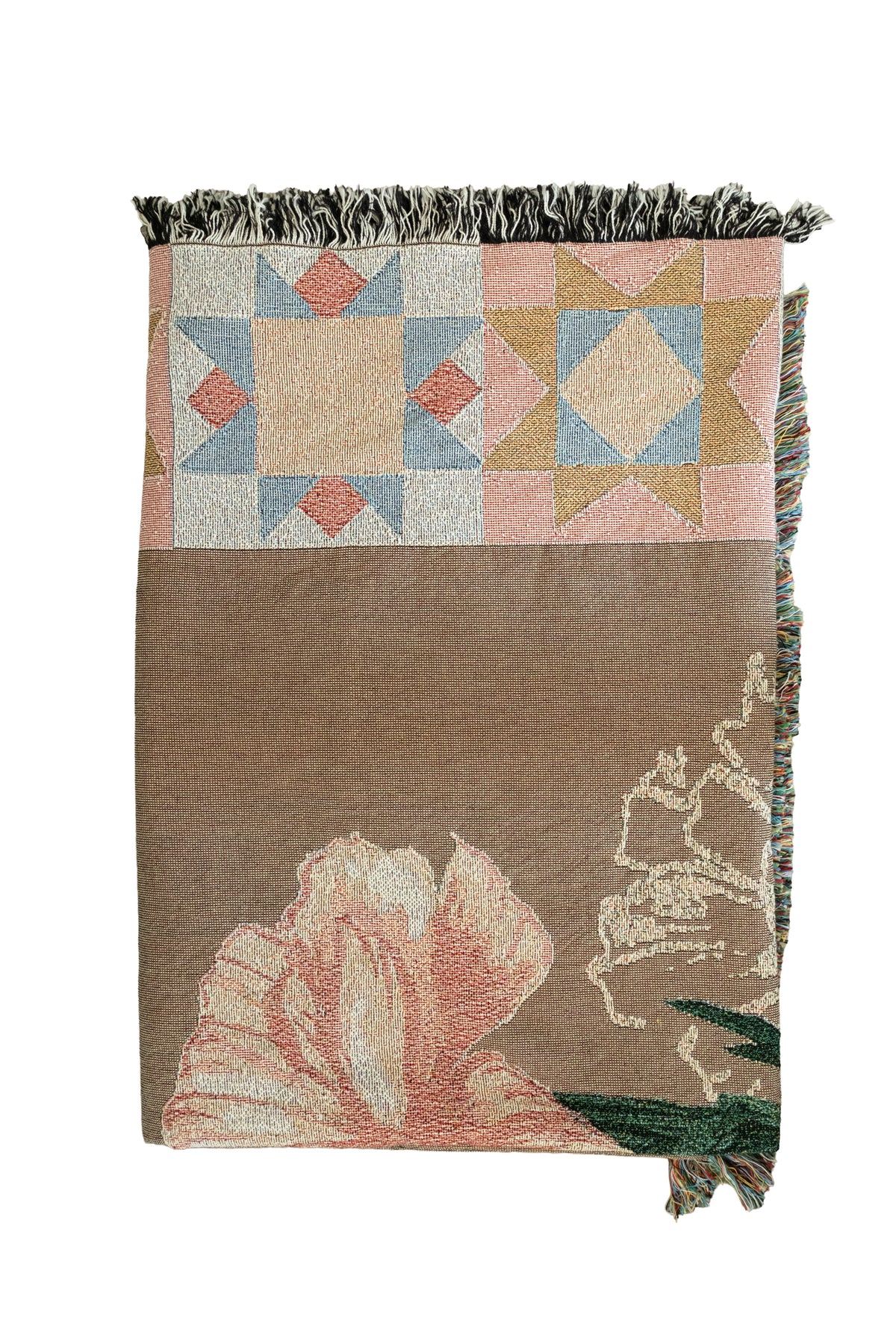 Folded brown woven fabric blanket with fringed edges, pink and blue star patterns, and a large pink floral design.