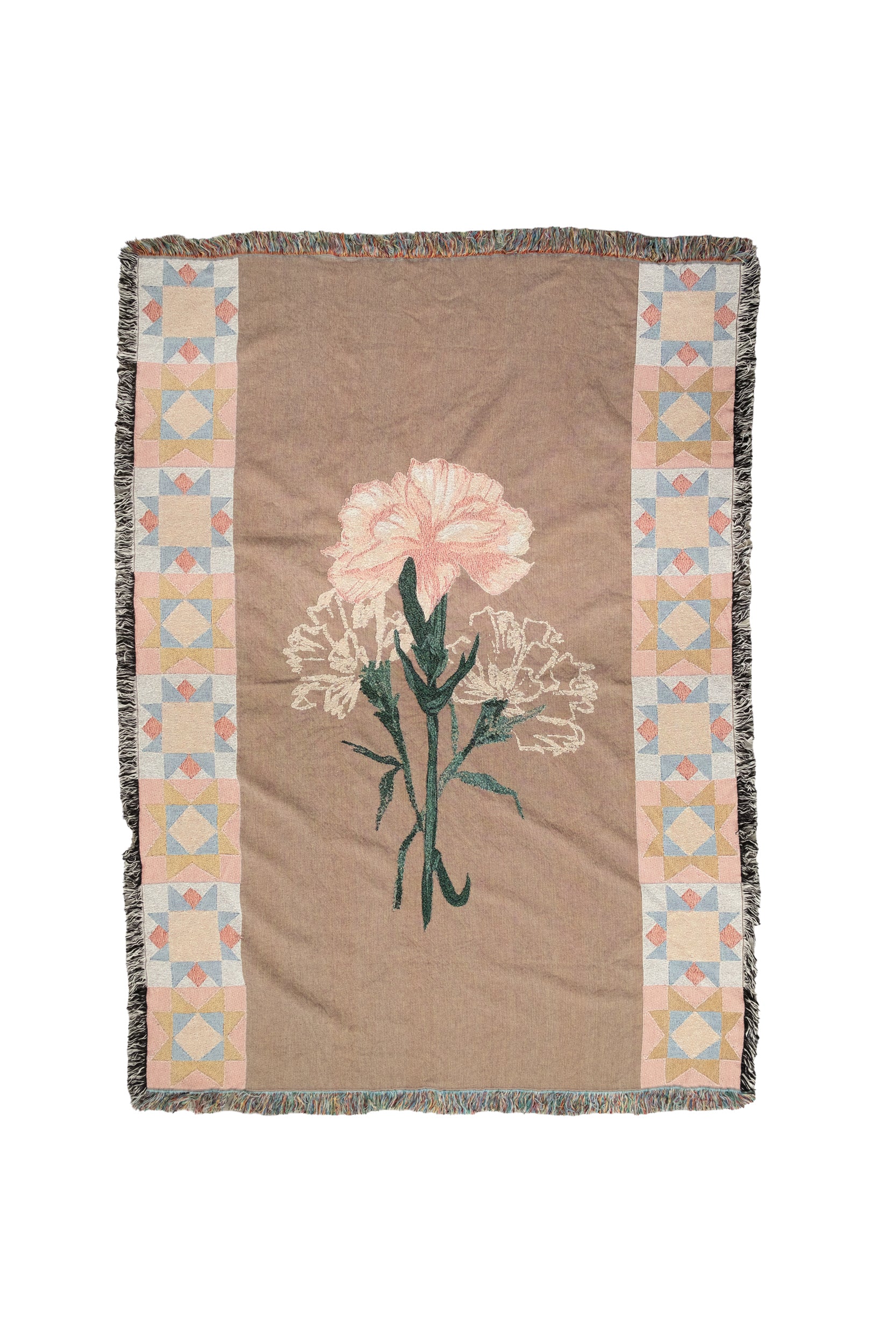 Brown woven fabric blanket featuring a pink carnation center and geometric star borders with fringed edges.