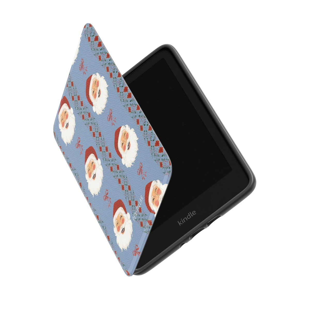 Jolly Kindle case standing partly open, showing the printed front cover and the Kindle inside