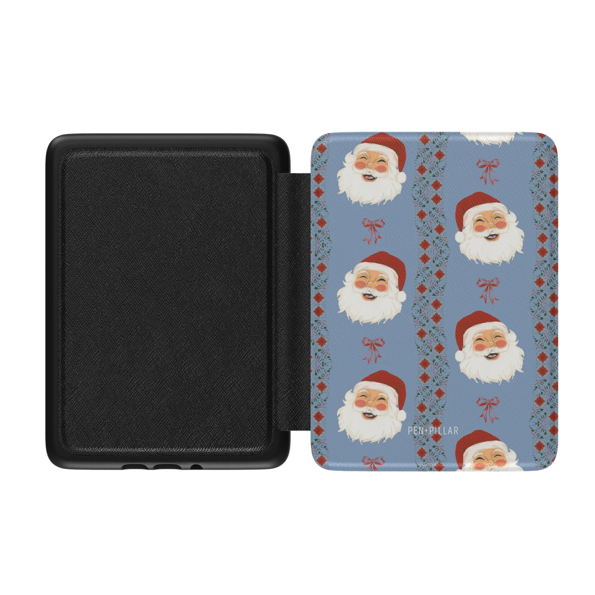 Jolly Kindle case opened flat, black inner lining on the left and the printed front cover on the right