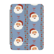Jolly Kindle case, front cover: smiling Santa faces between red and green stripes on dusty blue