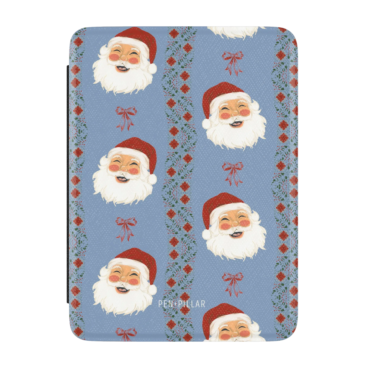Jolly Kindle case, front cover: smiling Santa faces between red and green stripes on dusty blue