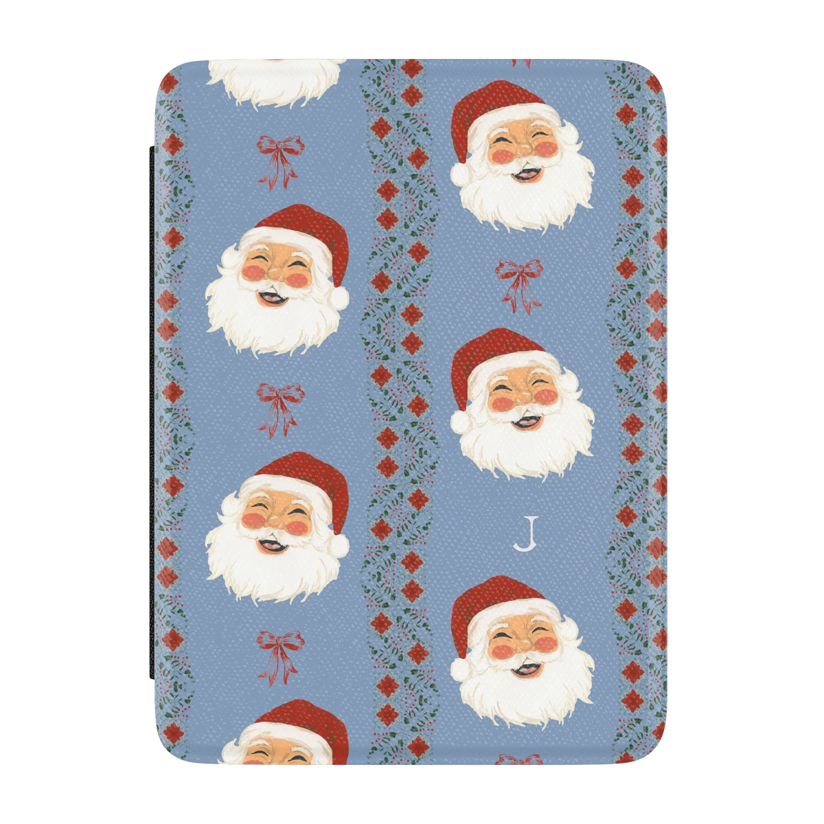 Jolly Personalized Kindle case, front cover: smiling Santa faces between red and green stripes on dusty blue with the initial J