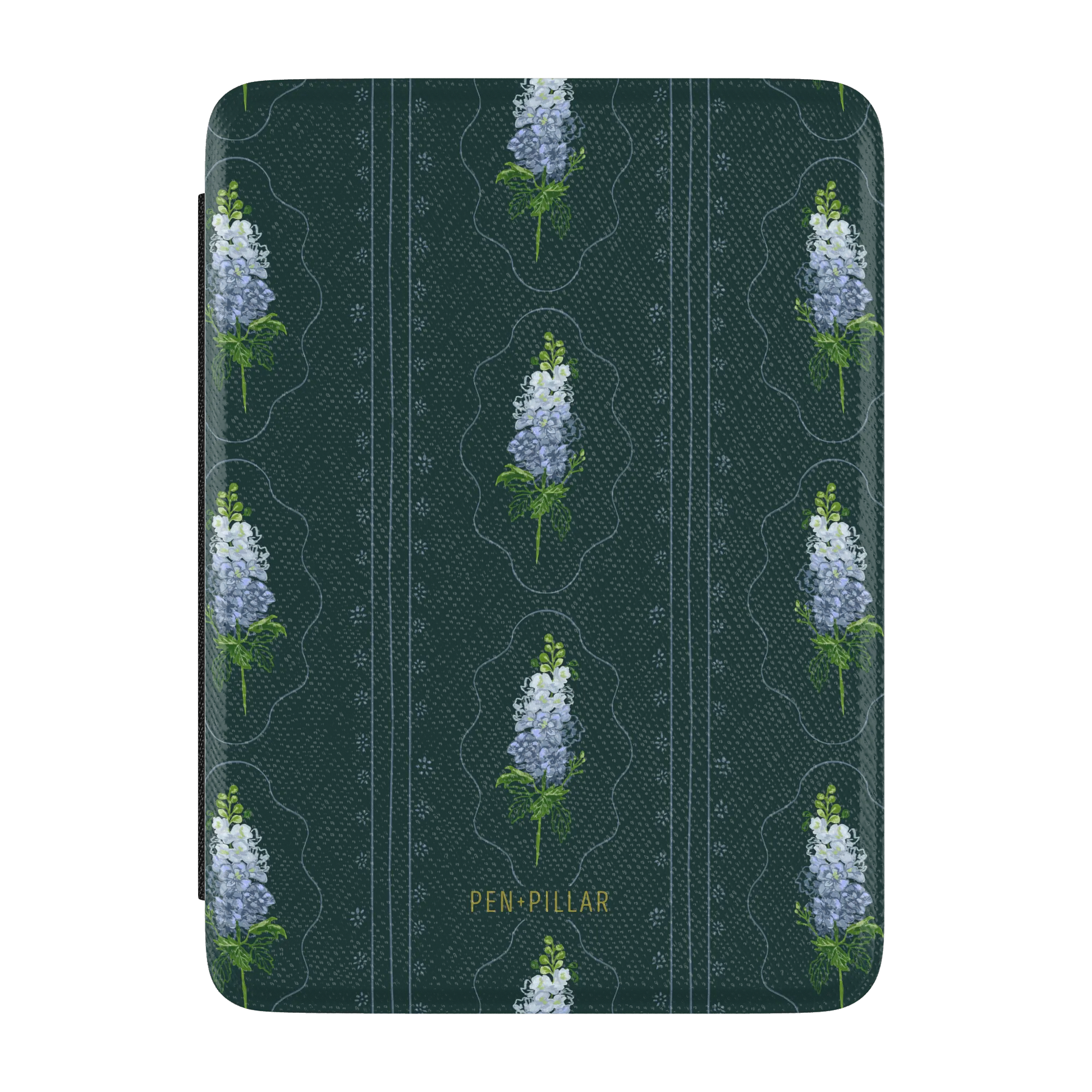 Dark green textured Kindle case with light blue larkspur flowers in vertical rows and PEN + PILLAR printed in gold.