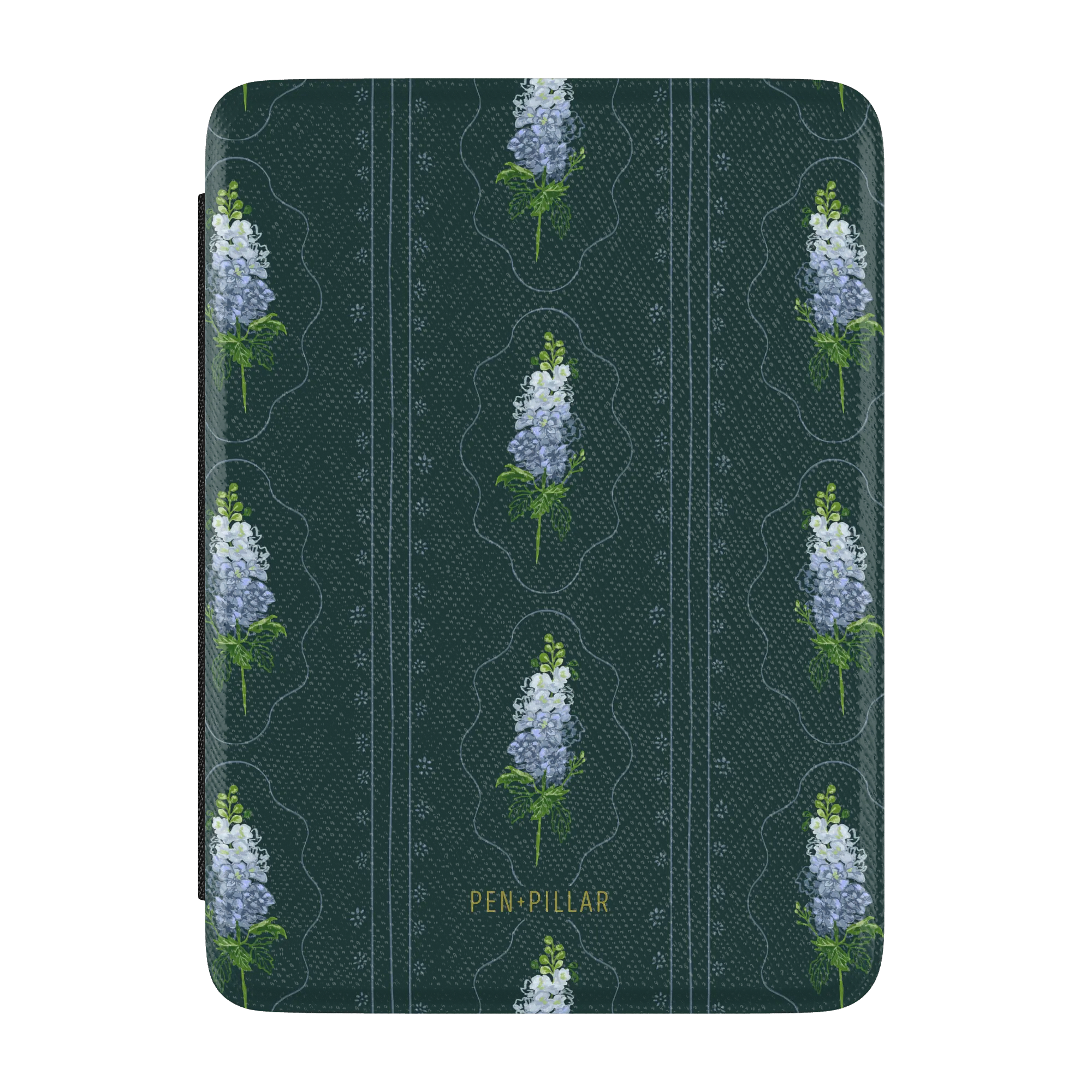Dark green textured Kindle case with light blue larkspur flowers in vertical rows and PEN + PILLAR printed in gold.