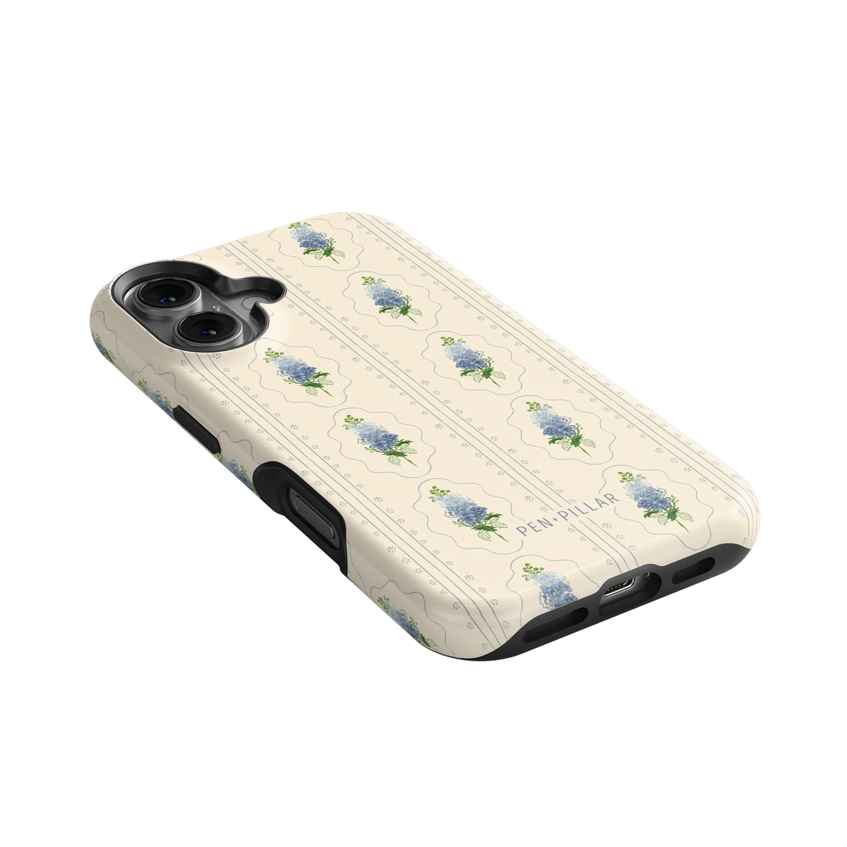 Cream plastic iPhone case with blue flower pattern and PEN + PILLAR printed on the back.