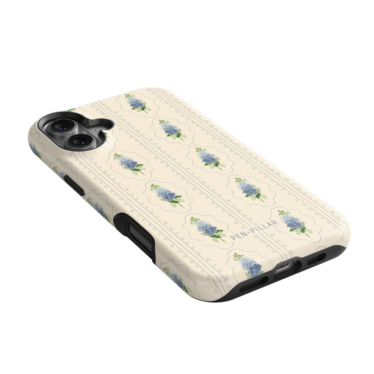 Cream plastic iPhone case with blue flower pattern and Pen + Pillar text, shown at an angle on a black background.