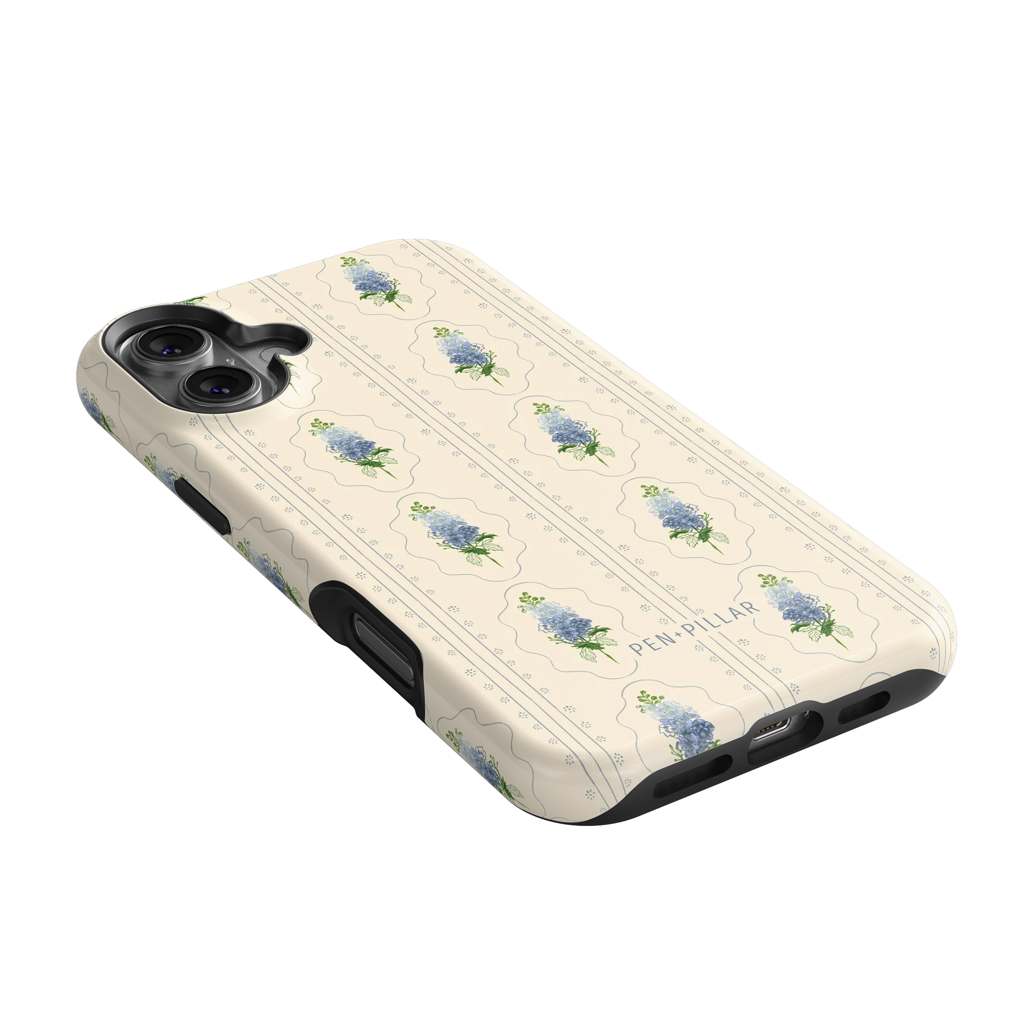 Cream plastic iPhone case with blue flower pattern and Pen + Pillar text, shown at an angle on a black background.