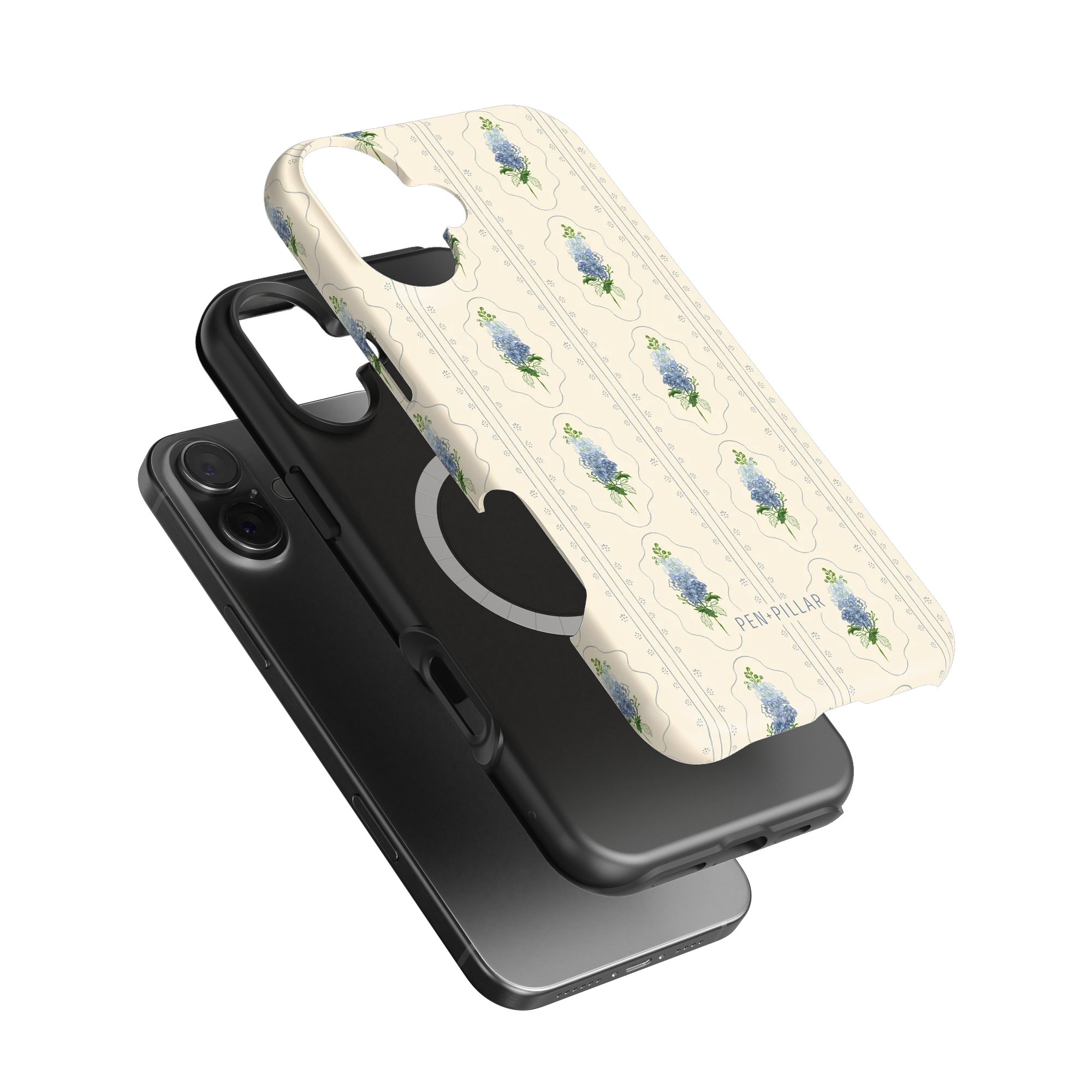 Cream plastic iPhone case with blue flower pattern and PEN+PILLAR text, shown layered over a black phone and liner.