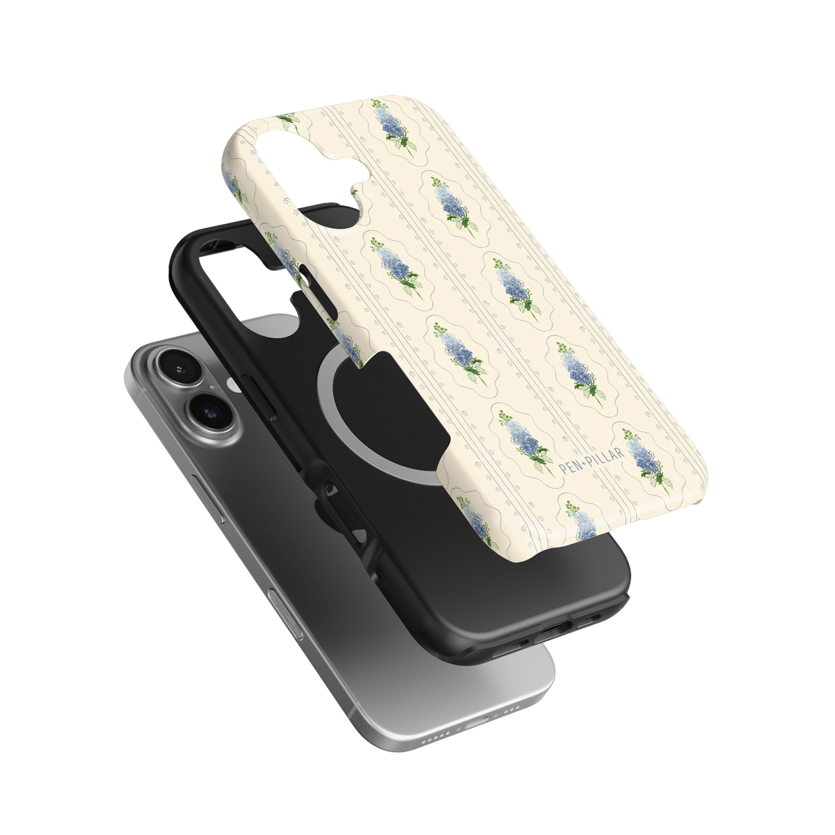 Cream plastic iPhone case with blue flower pattern and PEN+PILLAR text, shown with black liner and silver phone.