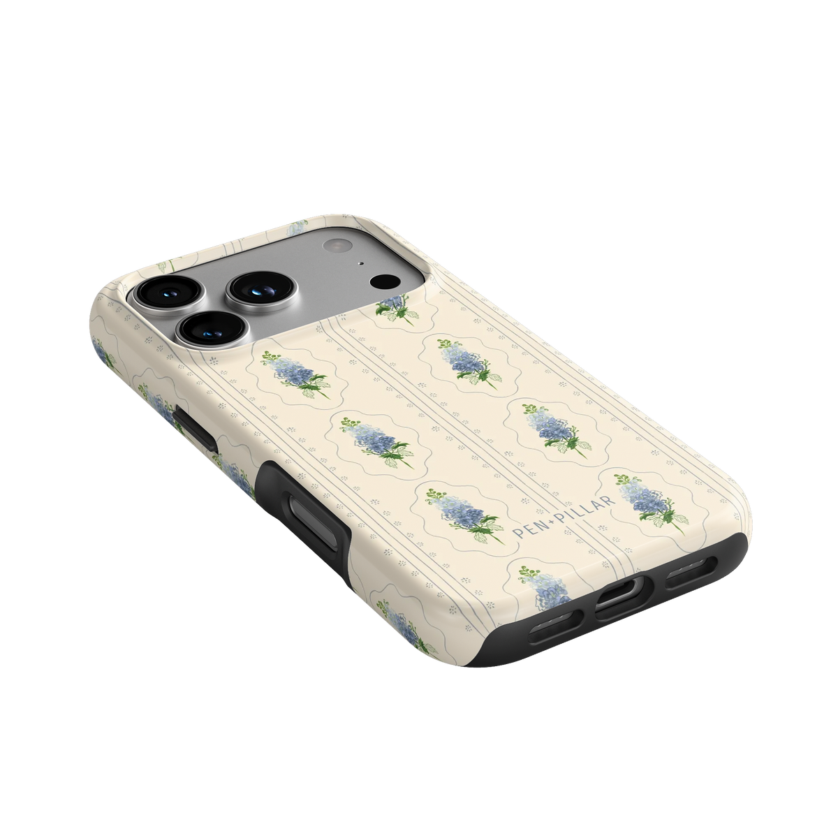 Cream plastic iPhone case with blue flower patterns and PEN+PILLAR text on a black background.