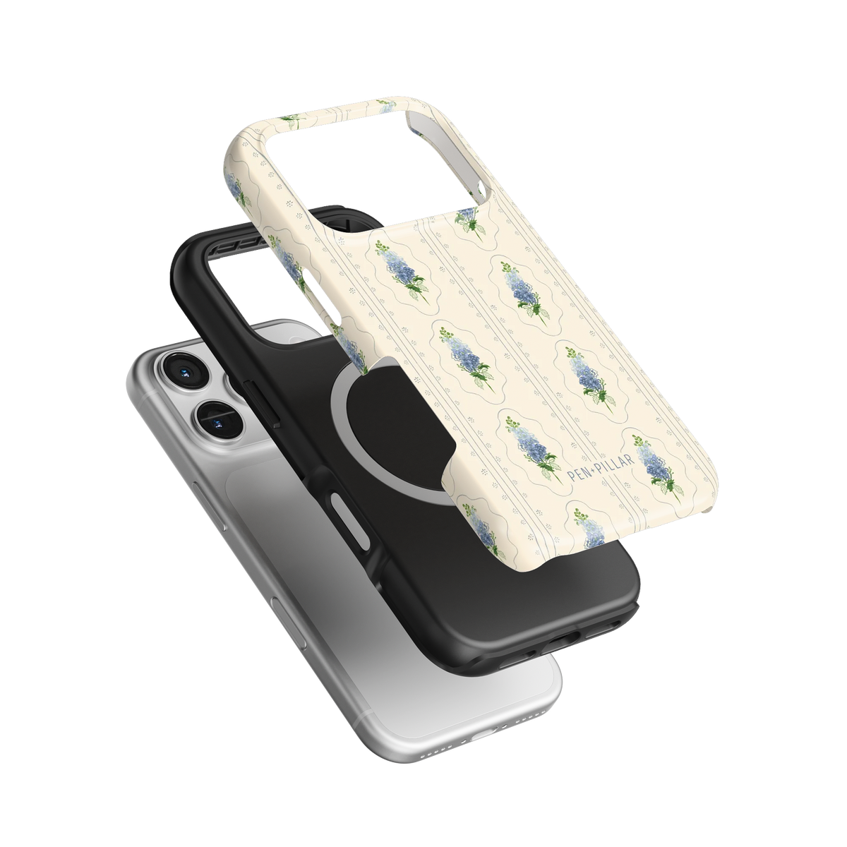 Cream plastic iPhone case with blue flower pattern and PEN + PILLAR text, shown with a black liner and silver phone.