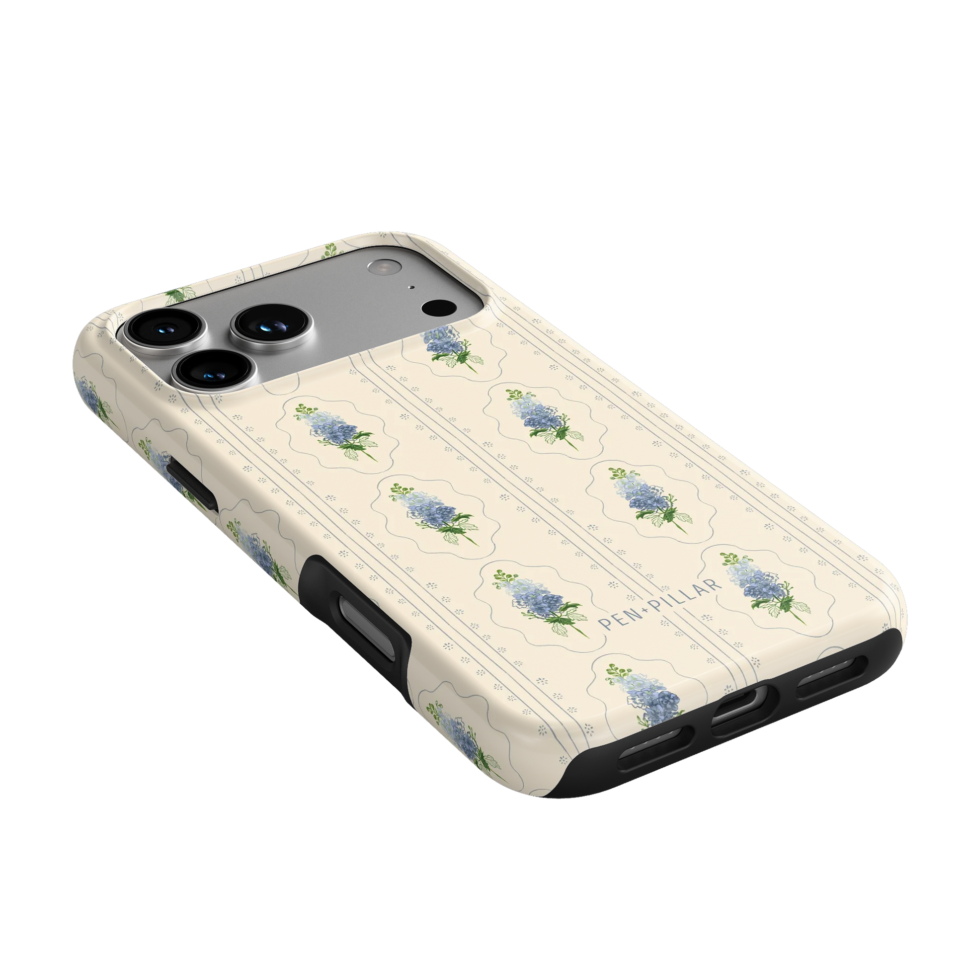 Cream plastic iPhone case with blue flower pattern, vertical stripes, and PEN + PILLAR printed on the back.
